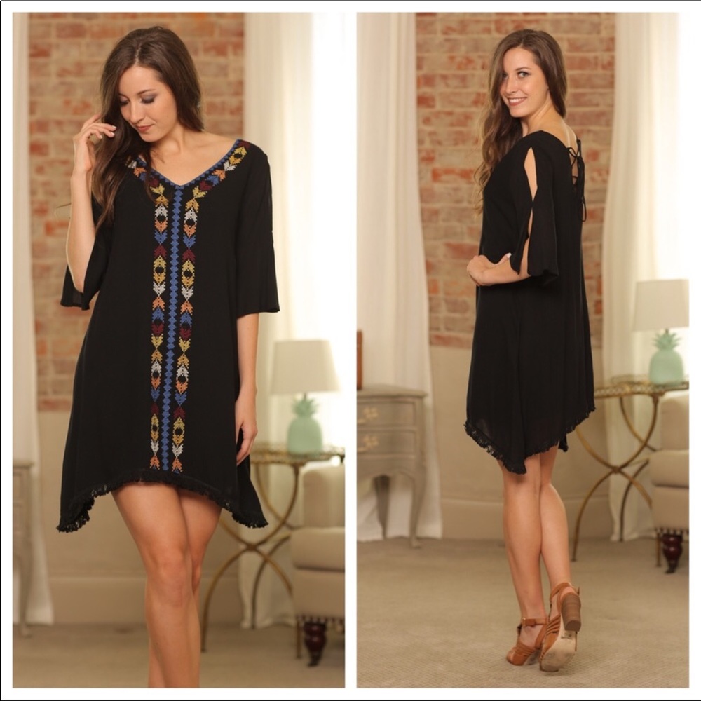 Price Drop! Black Embroidered Fringe Dress!